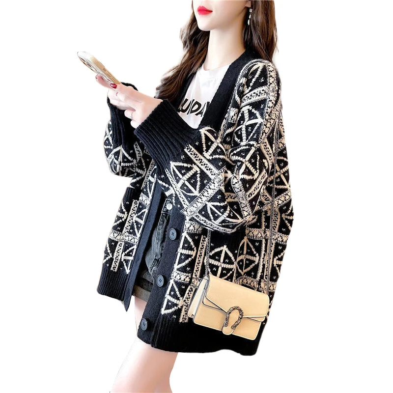 

Fashion knitted cardigan retro oversized knit jacket women's autumn/winter outfit wear loose tops sweater korean style sueter