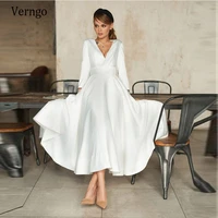 verngo simple soft satin a line short wedding dress with bottoned long sleeves v neck tea length vintage 2021 bridal gowns