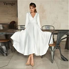 Простое мягкое атласное ТРАПЕЦИЕВИДНОЕ Короткое свадебное платье Verngo с длинными рукавами и V-образным вырезом, винтажные Свадебные платья длиной ниже колена, 2021