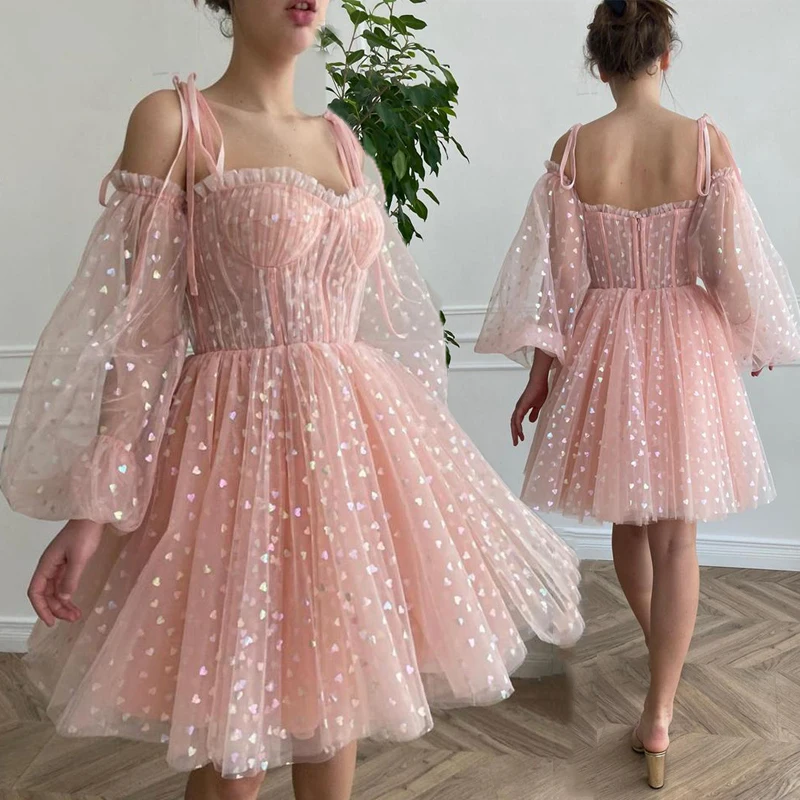 

Sexy Pink Prom Dresses Off The Shoulder Puff Sleeves Tulle Short Ball Gown Evening Party Dress Gala Jurken Vestidos De Fiesta