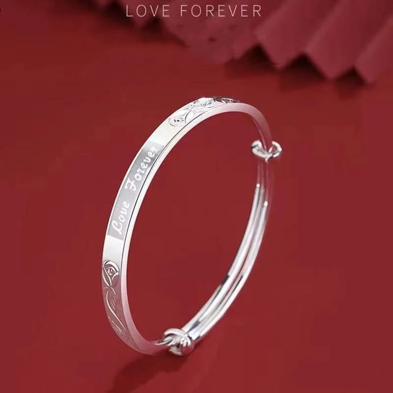 

S999 Silver Jewelry Forever Love Bracelet, Female Jewelry Solid Rose Push-pull Bracelet for Girlfriend Engagement Jewelry Gift