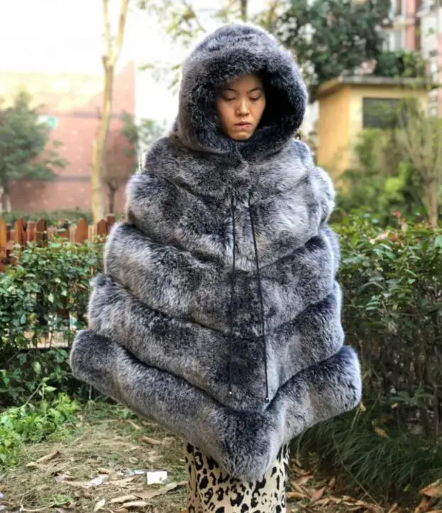 frost fox hood Fandy lokar Настоящее пончо с мехом лисы Женское зимнее плотное меховое пальто Настоящая Серебряная лисица Меховая куртка верхняя одежда женская дамская модная меховая куртка - Цвет: frost fox hood