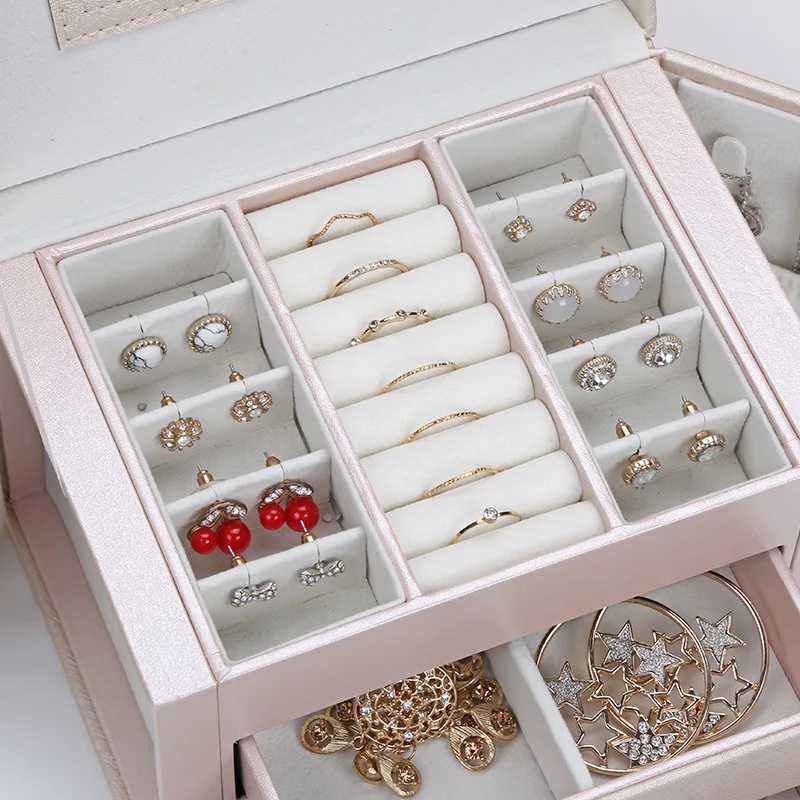 

Three-tier Storage Jewelry Box With Mirror Portable Silk Thread Storage Box Stud Earrings Ring Jewelry Box Makeup Organizer Box