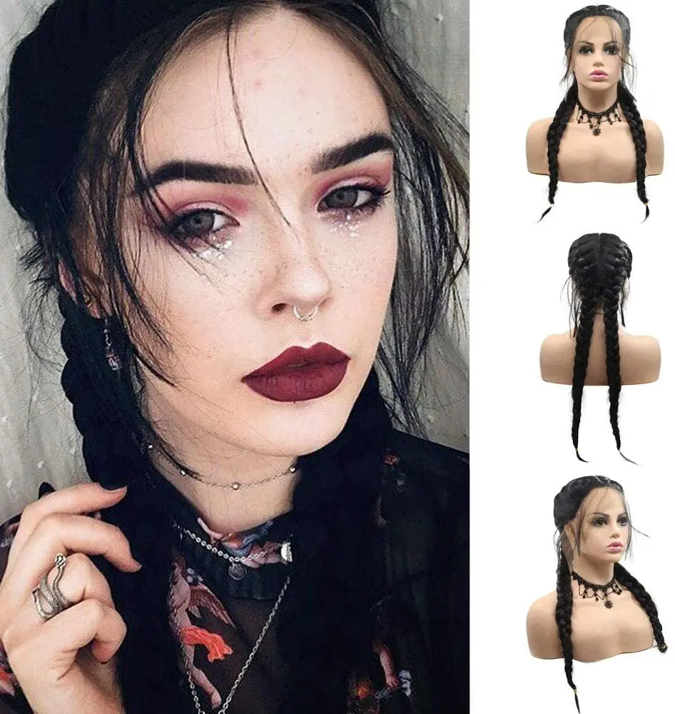 Long Black Double Braided Wigs Handmade Twist Hair Pre Plucked Natural Hairline Synthetic Braids Lace Front Wig with Baby Hair