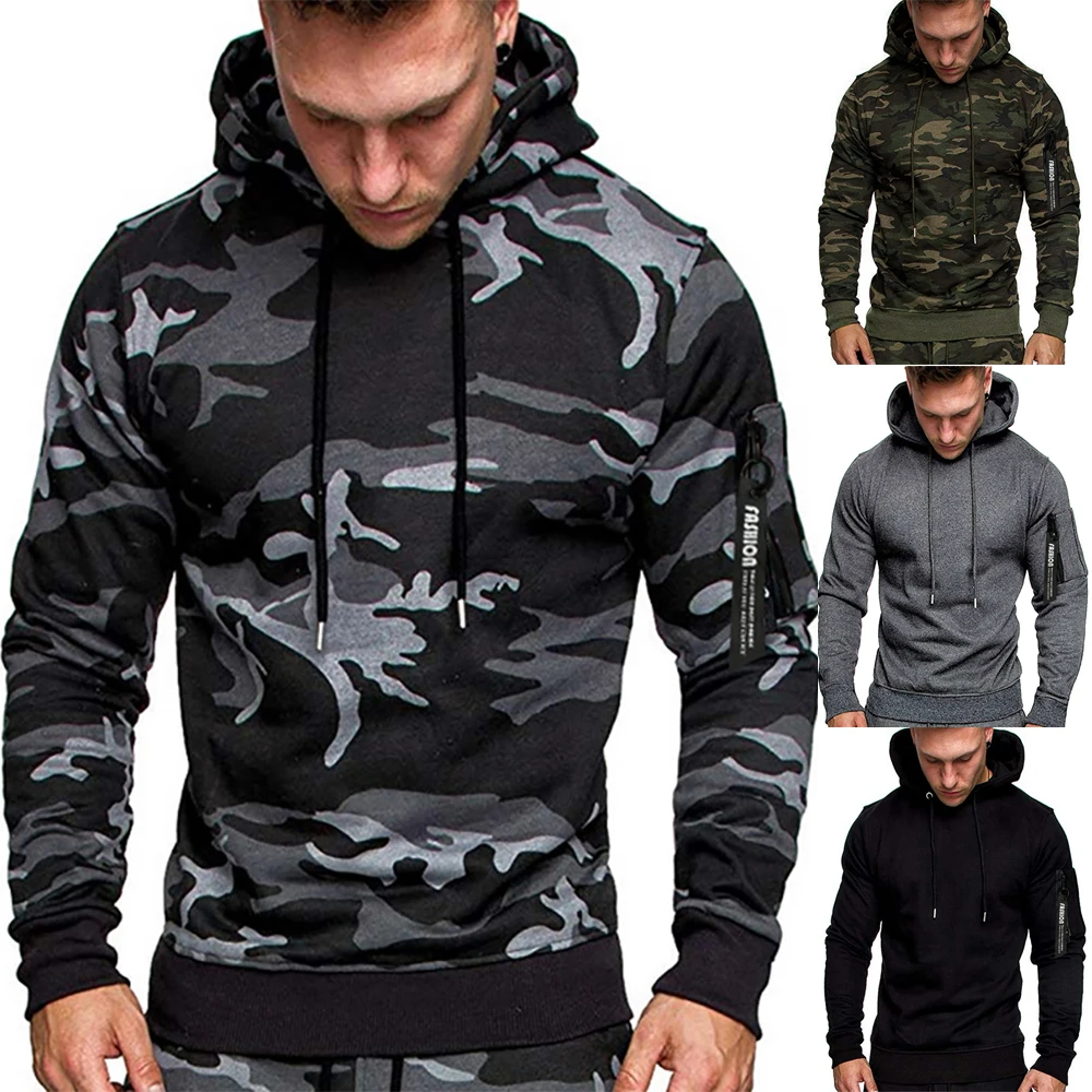 

Mens Hoodies Sweatshirts Casual Slim Fit Pullover Hooded Coat Camouflage Male Tops Sleeve with Pockets Casual Hoodie Men