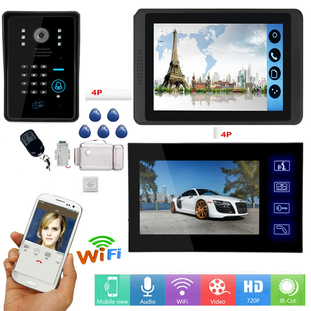 SmartYIBA 7'' 1000TVL Wired WIFI Doorbell Door Phone Video Intercom System Electric Lock RFID Remote Unlock Night Vision |