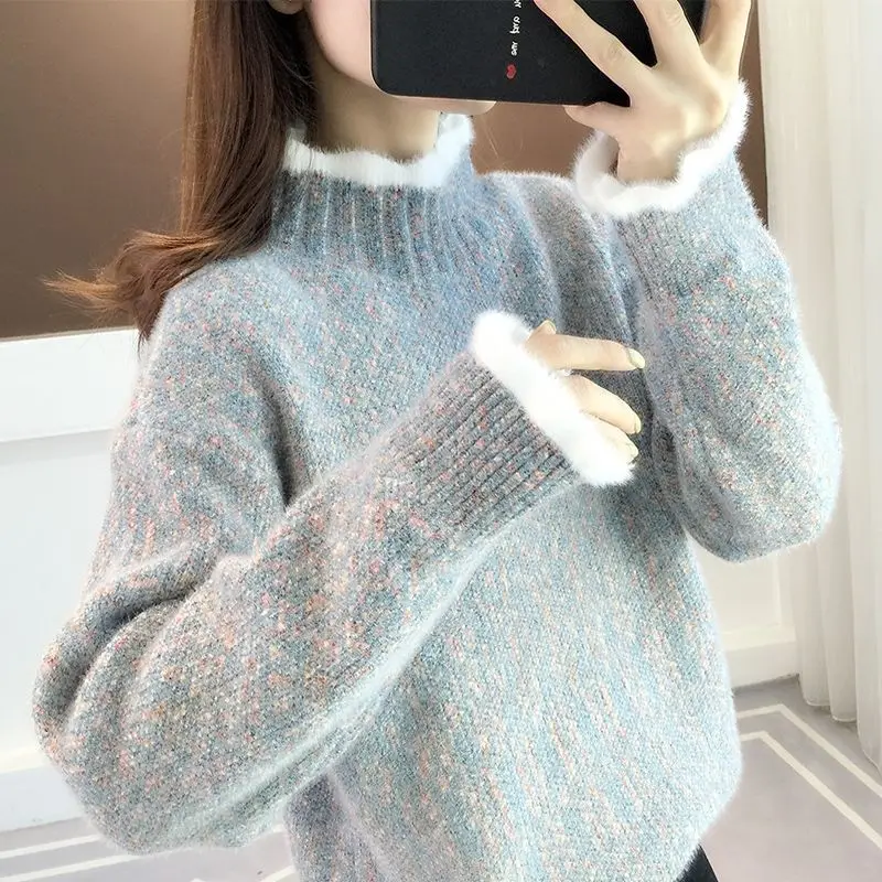 

Winter Spring Autumn Pullovers Women Sweater Half Turtleneck Thick Fleece Knitted Mohair Knitted Full Sleeves