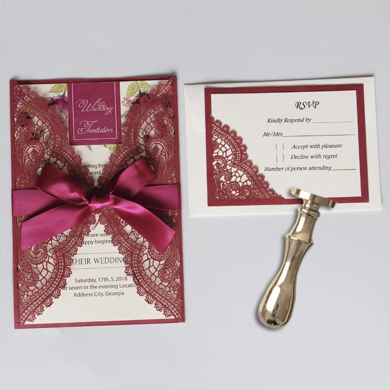 

(50 шт./лот) кружевные мусульманские свадебные пригласительные открытки с цветами на заказ бордовые приглашения на день рождения для невесты...