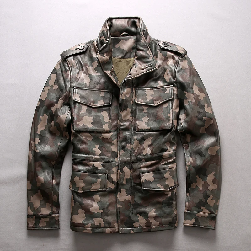 

2133 Read Description! Asian Size Army Camouflage Overcoat Genuine Sheep Leather M65 Outerwear Mens Rider Jacket