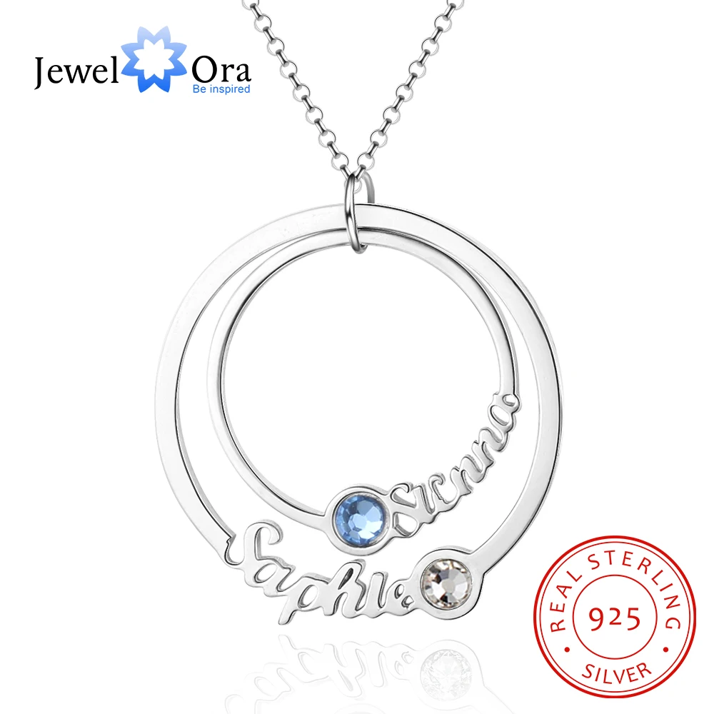 

JewelOra 925 Sterling Silver Personalized Name Necklace with 2 Birthstones Custom Double Circle Couple Necklaces for Lovers