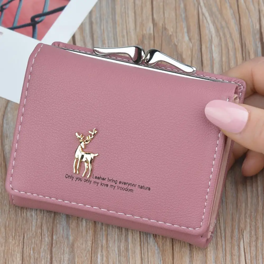 Cute Deer Women Mini Wallet Short Leather Wallet Girl Folding Wallets Clutch Pu Card Holder Ladies Purses Retro Coin Purse L*5