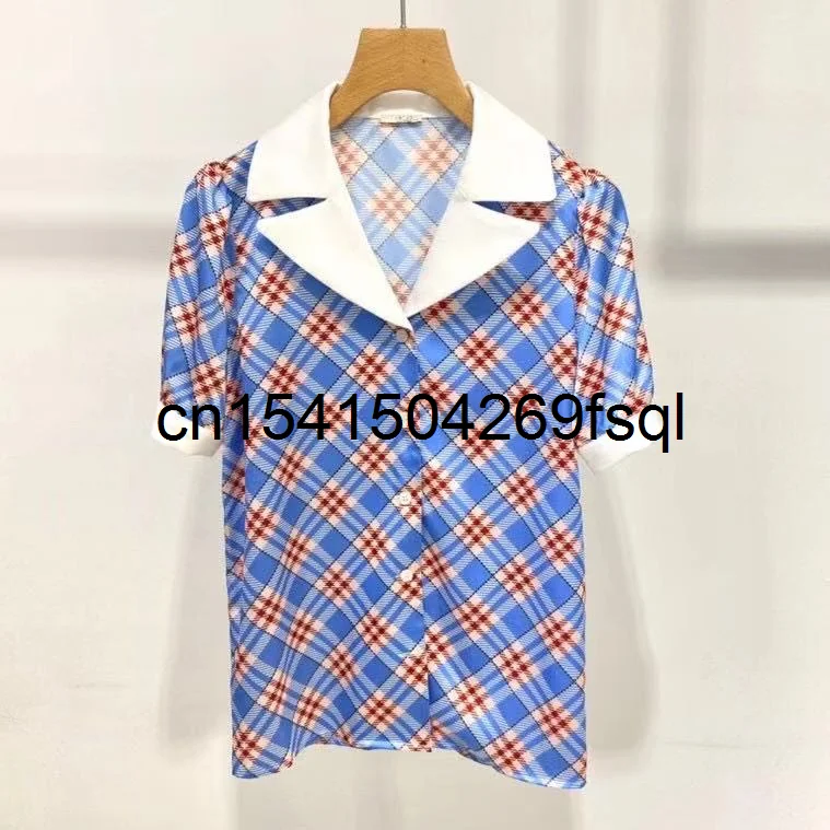 

New High Quality Women's Shirt Plaid Print V-Neck Short Sleeves Single Breasted Vacation Leisure Top Quality Runway Top
