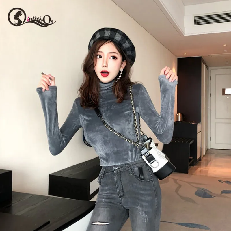 Женская водолазка с длинным рукавом теплая плотная бархатная Однотонная