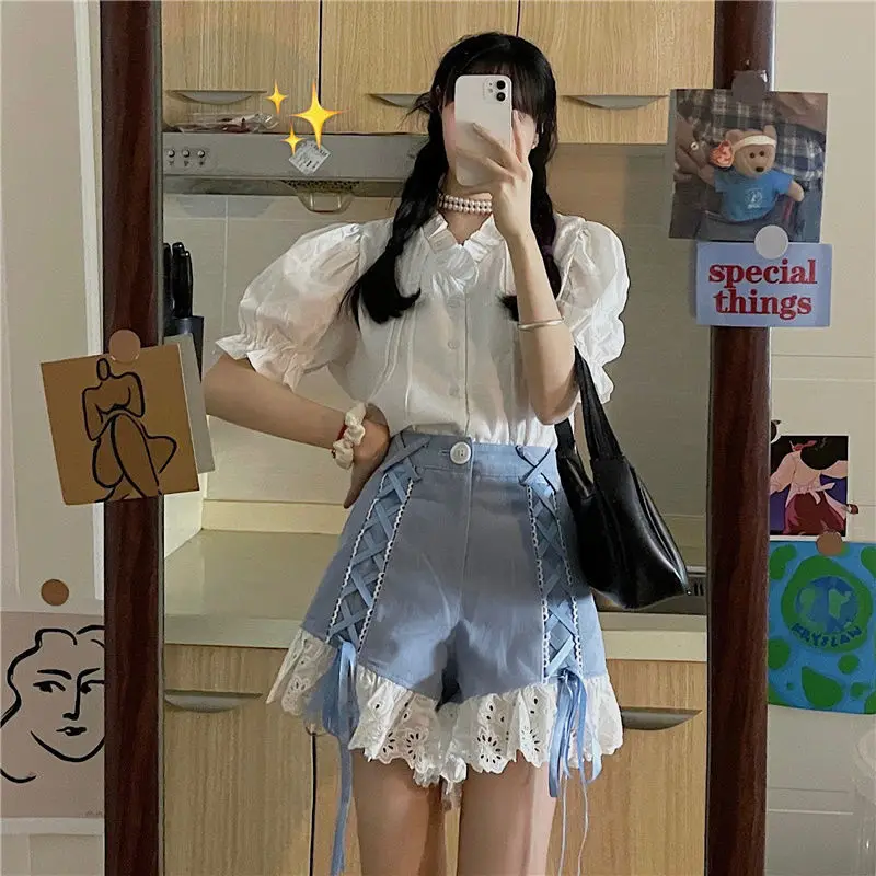 

Spice Girl Summer Ruffle Shirt Shorts Design Sense Denim Lace Stitching Feminino Pants Korean Fashion Strapon High Waist Jeans