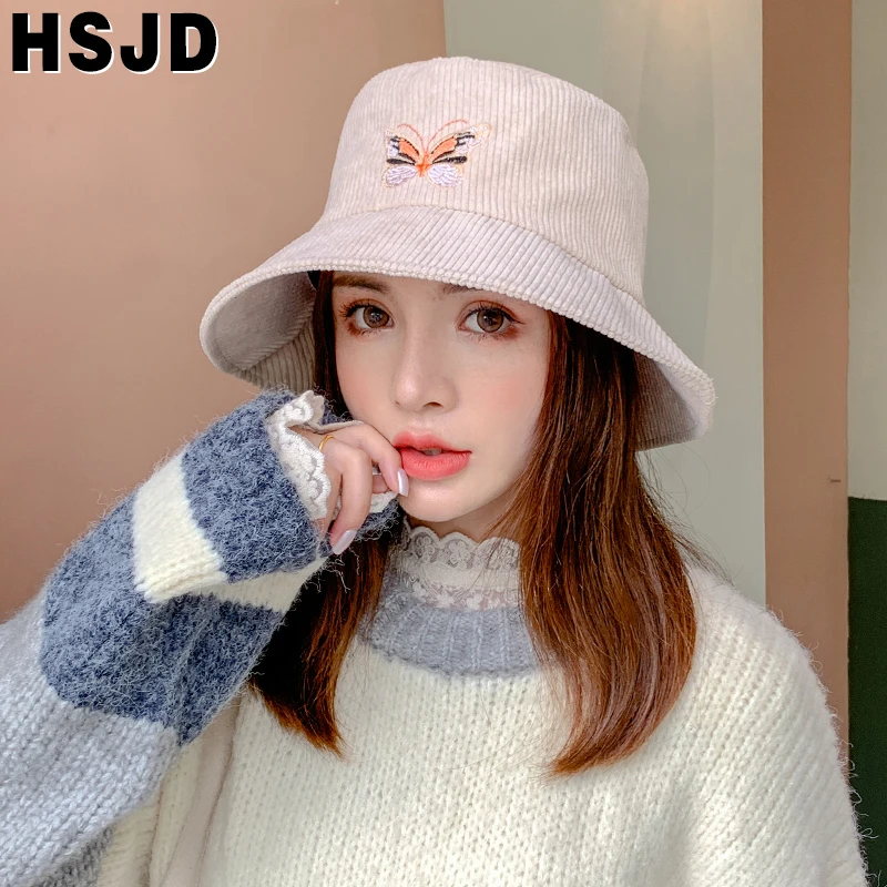 Butterfly Embroidery Bucket Hat Thickened Warm Autumn Winter Wide Brim Hats For Women Corduroy Hats Korean Panama Fisherman Hat