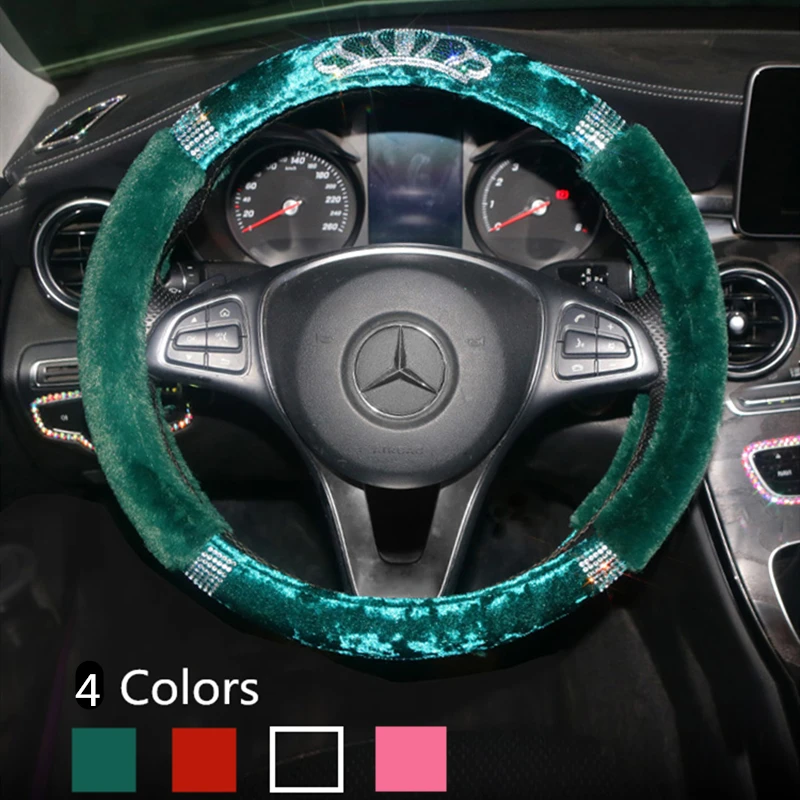 

38cm Winter Car Accessories Interior for Woman Fuzzy and Bling Steering Wheel Cover Red Pink Green Black Rhinestone Decoration
