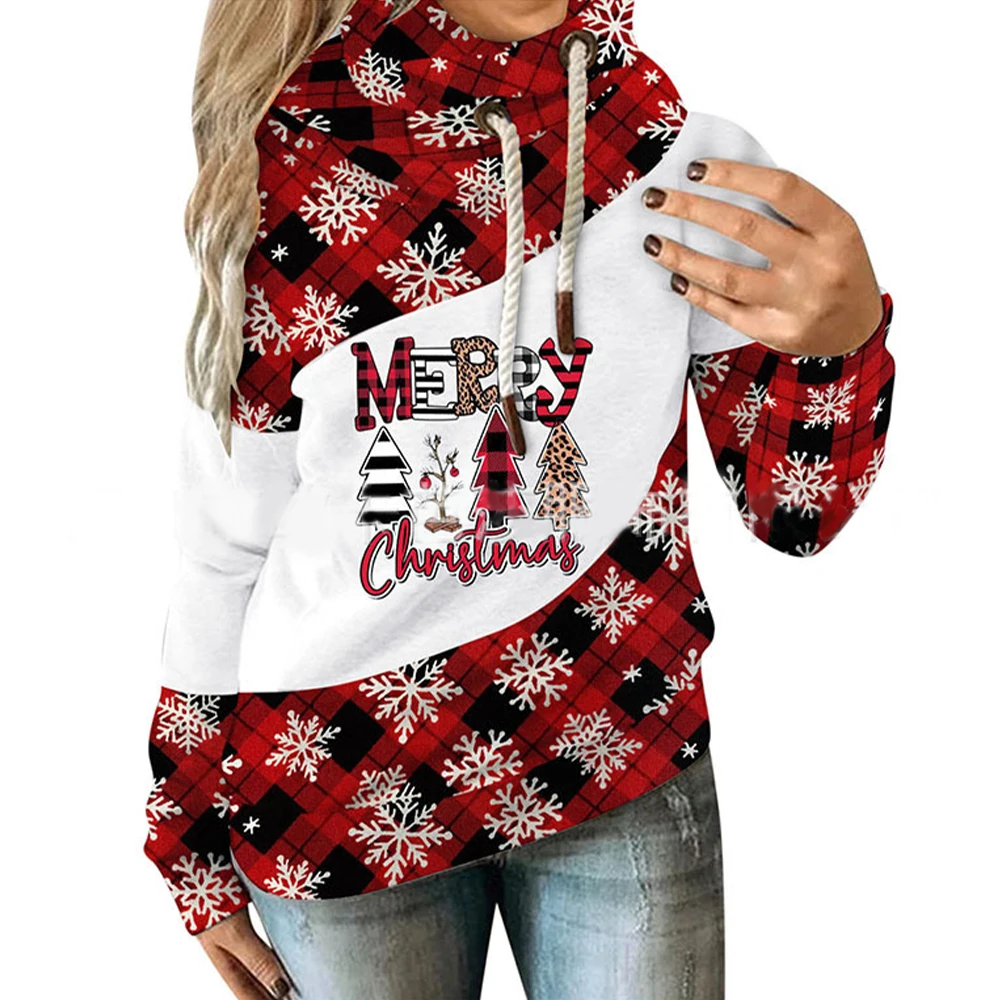 

Christmas Hoodie Print Fleece Sweatshirt Casual Pullover Womens Autumn Winter Color Contrasting Drawstring Sweater Hooded S-2XL