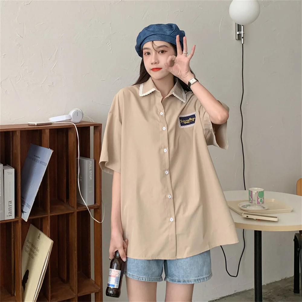 

Summer 2021 new retro lace short-sleeved shirt women Hong Kong style loose bf college style Korean all-match shirt inkorean top