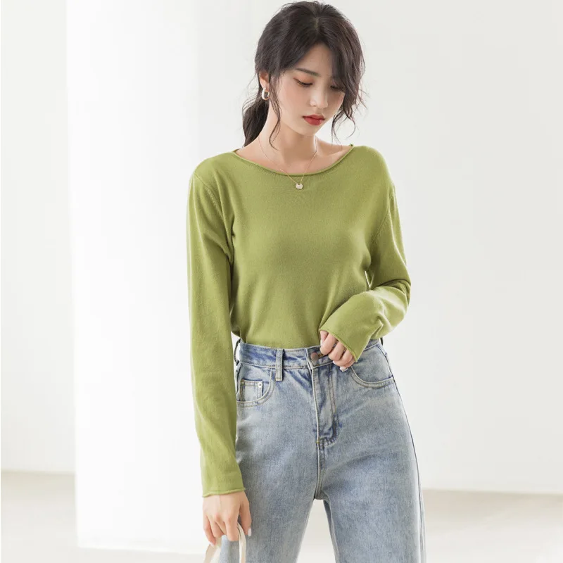 Женский свитер с круглым вырезом Облегающий мягкий Однотонный в Корейском стиле