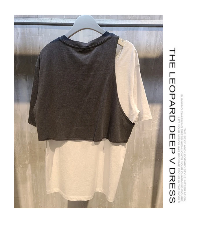 

Women Contrast Color Printed Letter T-shirt 2021 Spring/Summer New Round Neck Irregular Fake Two Pieces Short Sleeve Top