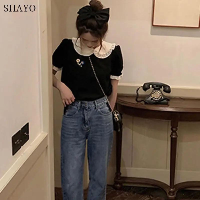 Женская летняя блузка с воротником Питер Пэн черные топы коротким рукавом