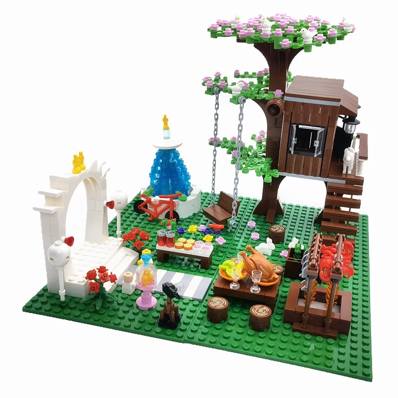 4 Sets Trees House Building Blocks Bricks Parts Wedding BBQ Fountain Toys with Baseplates Compatible Classic City Blocks Bloques