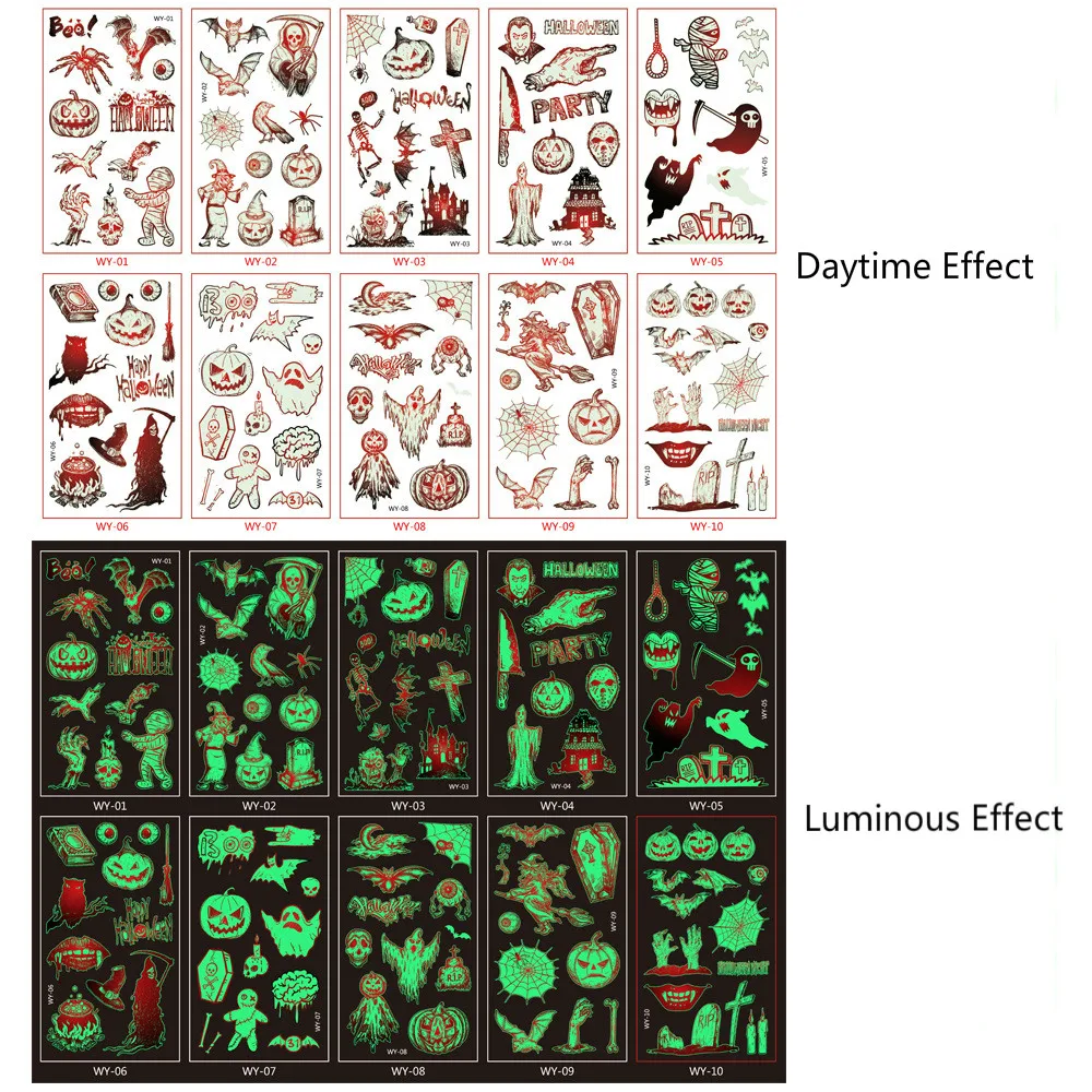 

10pcs/set Tattoo Stickers For Kids Glitter Tatoo Waterproof Halloween Cartoon Temporary Tattoos Kids Luminous Tattoo Stickers