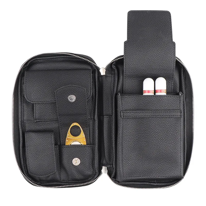 

Cowhide Cigar Bag Portable Leather Cigar Humidor Stainless Steel Cigar Scissors Accessories Storage Bag High-End Texture Taste