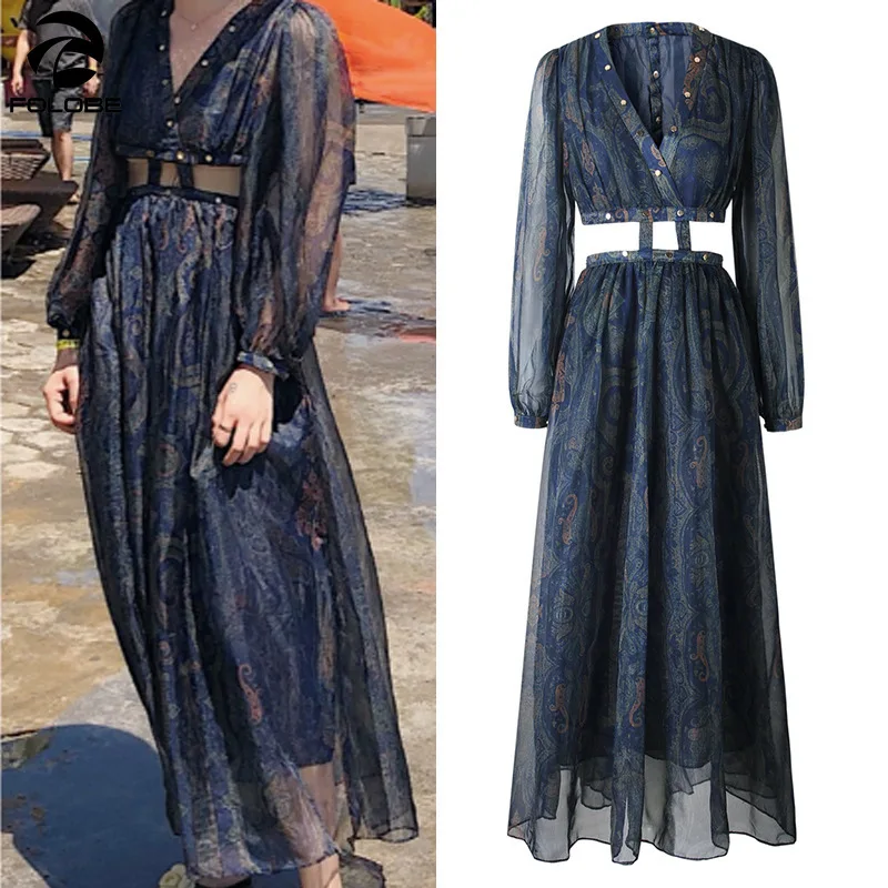 

FOLOBE Fashion 2022 Summer Holiday Print Dresses Women V-Neck Silk Chiffon Long Dress Hollow Out Long Dress Vestido Runway Dress