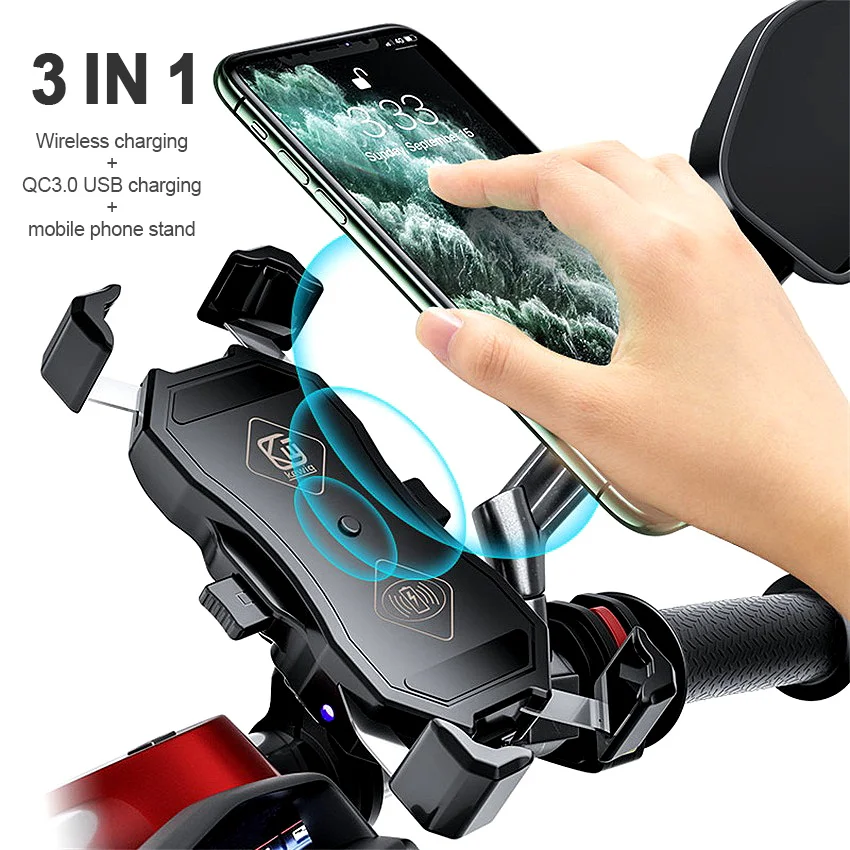 3 in 1 15w qi wireless charger motorcycle phone holder qc3 0 usb fast charging semiautomatic 360 rotation phone stand bracket free global shipping