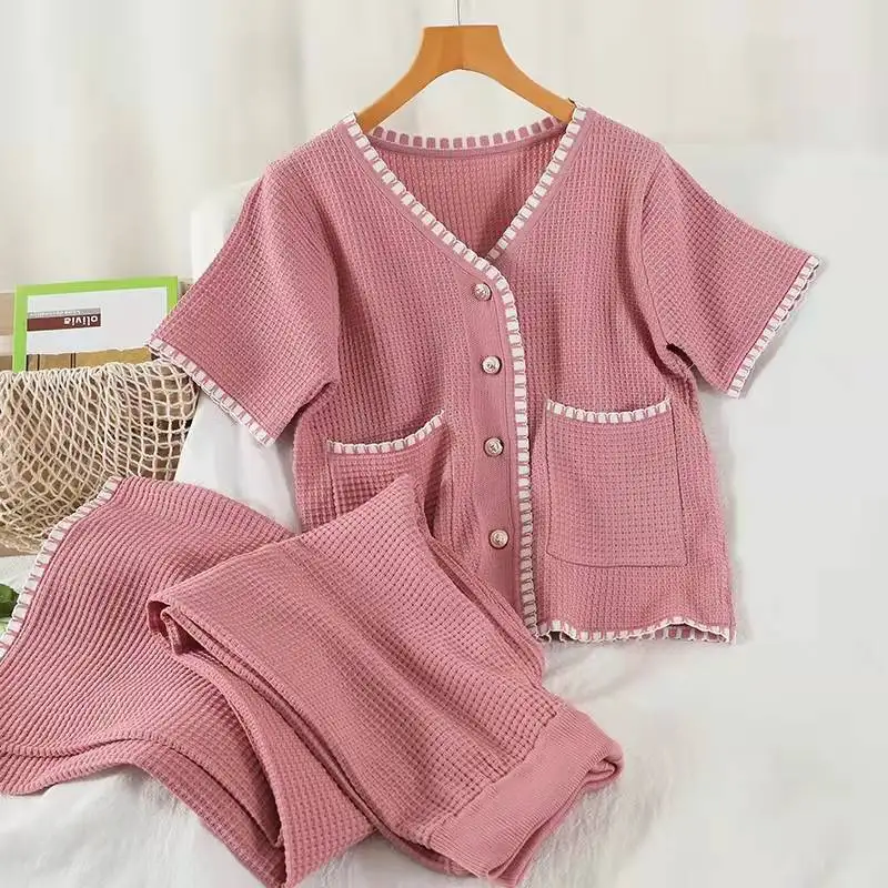 

Summer Pink 2 Piece Tee Sets Vintage Short Sleeve V-Neck Knit Short Cardigan Tops Outfits Korean Wide Leg Capris Pants Suits