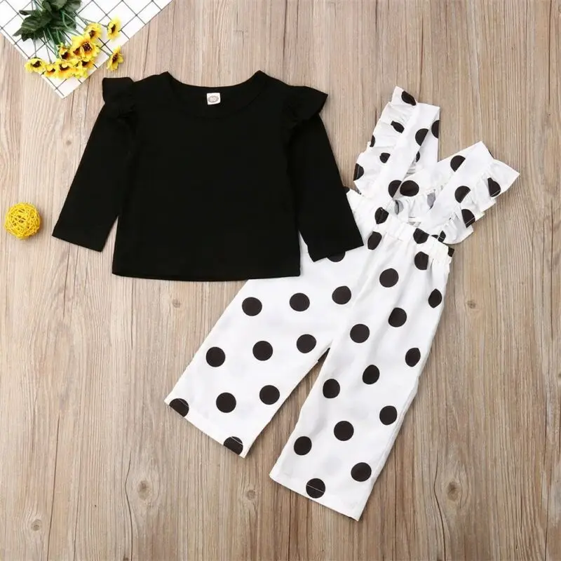 Комплект одежды для маленьких девочек осенняя черная футболка с оборкой и