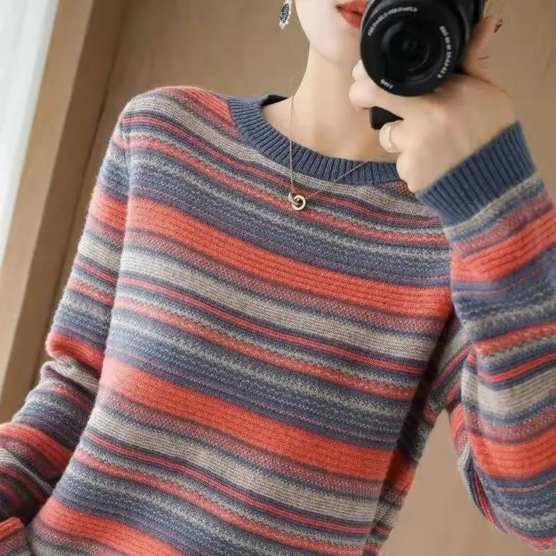 

Winter Color Matching Sweaters For Women Loose Women's Oversize Sweater 2021 New Knitted O-neck Pullovers Versatile Wear