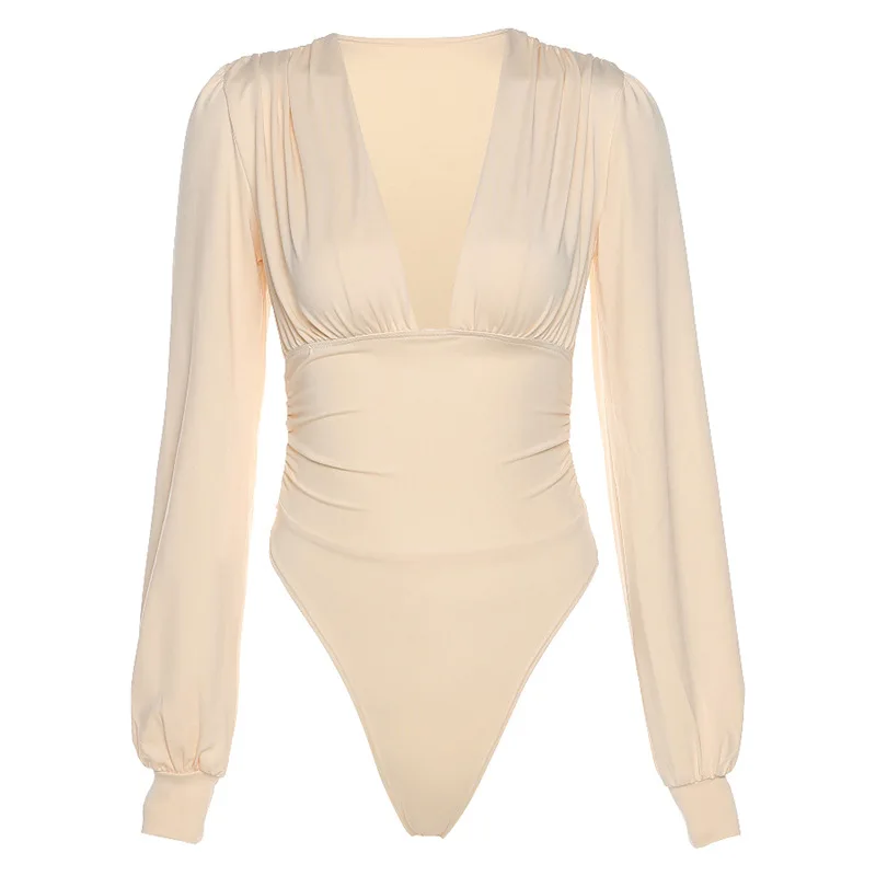 

Black Deep V Neck Bodysuit Women Sexy Puff Sleeve Bodycon Jumpsuit Solid Elastic Casual Party Winter Bodysuits Body Tops