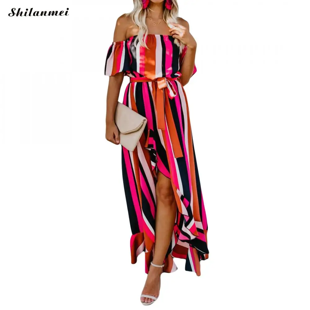 

Elegant Sexy Ruffles One-Piece Dress Off Shoulder Printed Striped Dresses Women Irregular Fashion Side Slit Long Dress With Belt