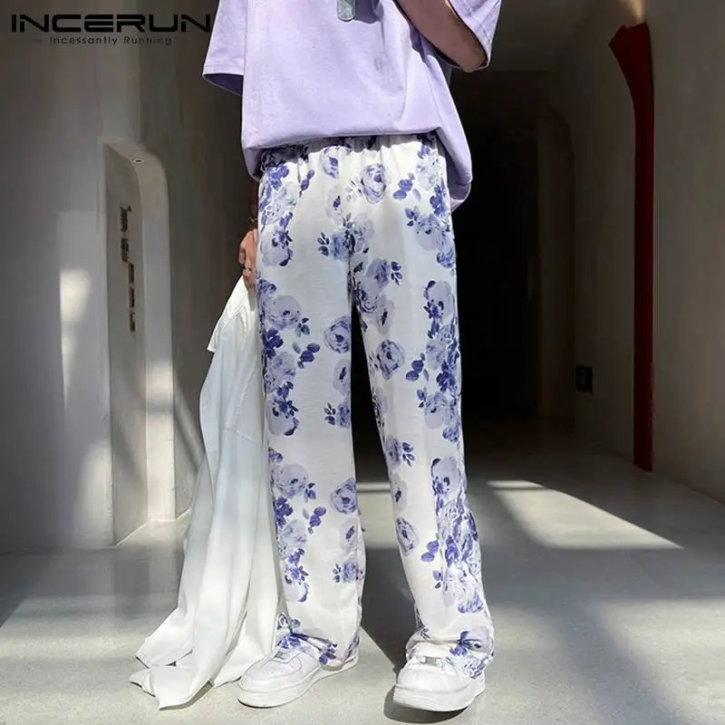 

2021 Men Casual Pants Streetwear Flower Printed Elastic Waist Joggers Wide Leg Trousers Baggy Pantalones Hombre INCERUN S-5XL