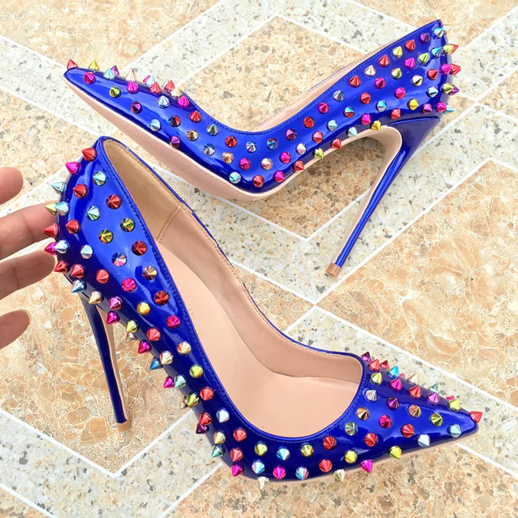 

Rivets Women Sexy Pointed Toe Pumps Extreme High Ultra Thin Heels Shoes Ladies Patent Leather Fashion Blue Studded Party Shoes