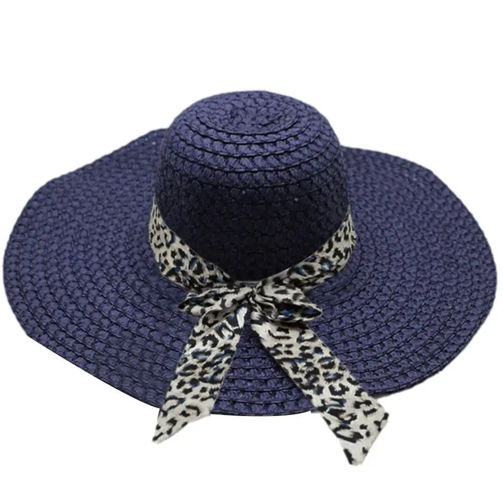 

Fashion Straw Hat Summer Female Leopard Sun Hats Big Brim Classic Bowknot Foldable Outdoor Beach Cap For Women UV Protected Hat