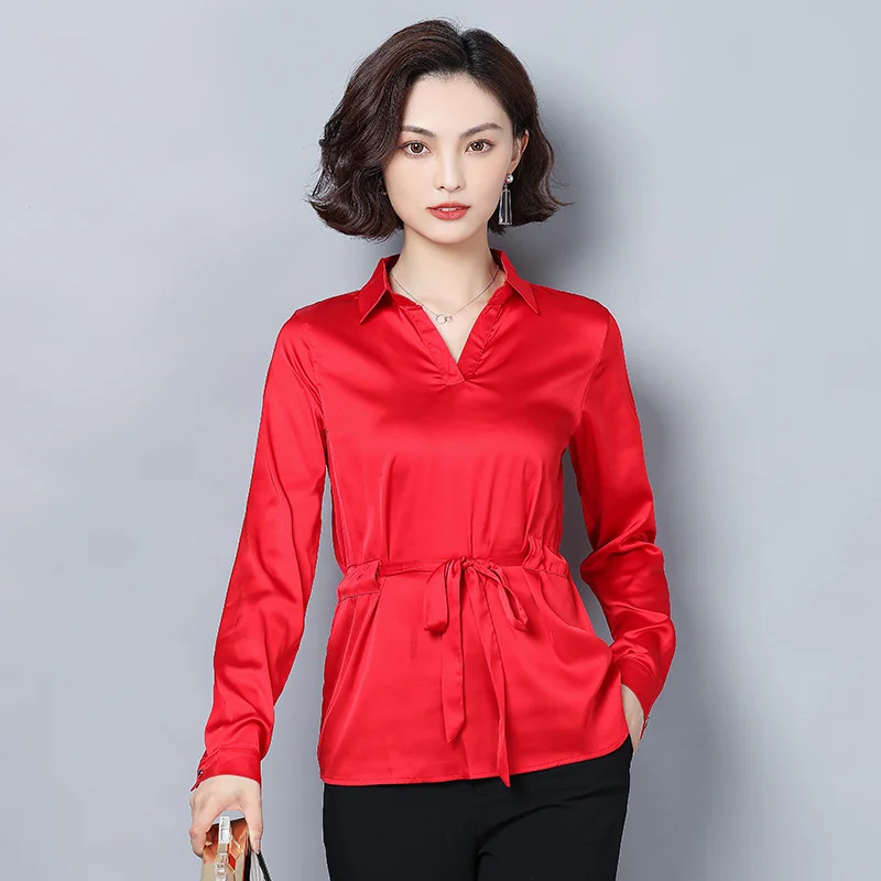 Корейские модные шелковые женские блузки атласные осенние красные рубашки с