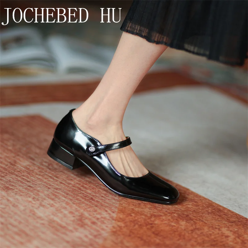 

【JOCHEBED HU】New Mary Janes Shoes Genuine Leather Square heel Shallow Pumps Retro Buckle Round Toe Strap Lady Footwear 33-40