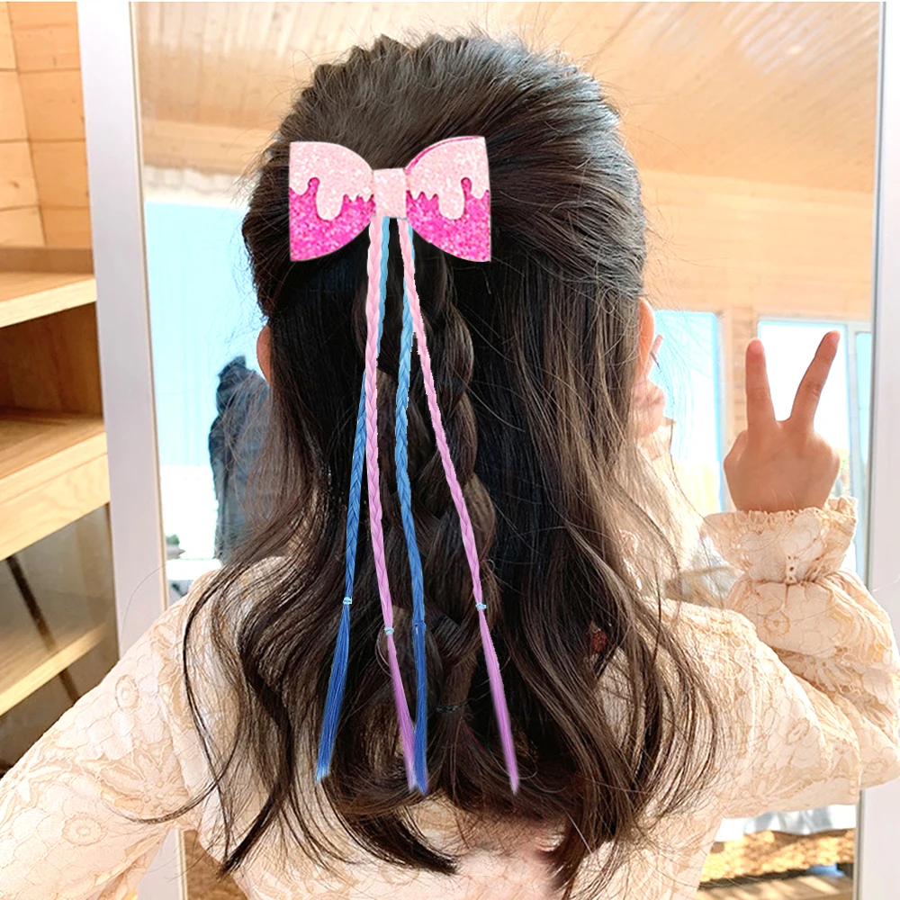 

Sequin Stacked Glitter Hair Bows for Girls Gradual Braid Hair Clips with Long Wig Hairpins Princess Party Kids Hair Accessories