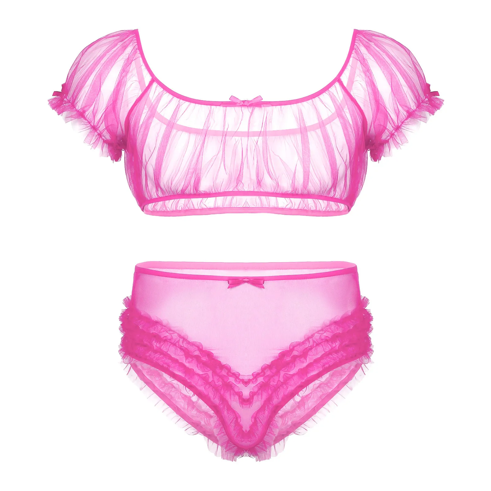 

Mens Sissy Mesh Lingerie Set See Through Sheer Crossdresser Crop Top with High Waist Frilly Ruffle Panties Sexy Underwear Set