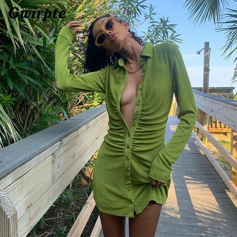 

Gwirpte Turn-Down Collar Green Women Shirt Dresses Sexy Long Sleeve Mini Dresses Streetwear Female Vestidos