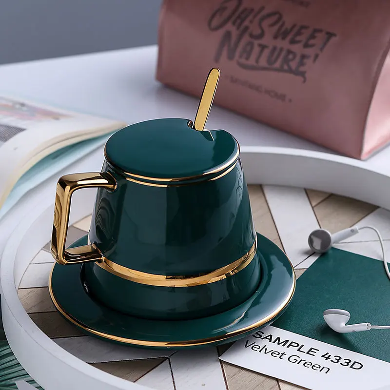 European Luxurious Ceramics Coffee Cup Sets Lid Dish Spoon Box Suit Mugs Milk Tea Tazas De Cafe Green Drinkware EA6BYD | Дом и сад