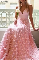 pink dresses v neckline tulle flowers prom gowns long a line sleeveless spaghetti straps illusion 2022 hot siale