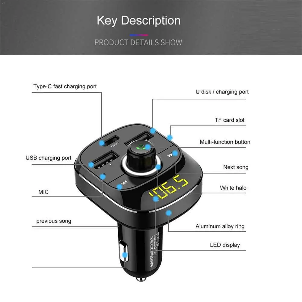 Автомобильный MP3-плеер Bluetooth fm-передатчик комплект Hands-Free 3.1A Dual USB зарядное устройство адаптер питания зарядное устройство type-c