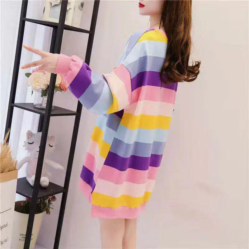 Женские толстовки в радужную полоску повседневные длинные оверсайз с круглым