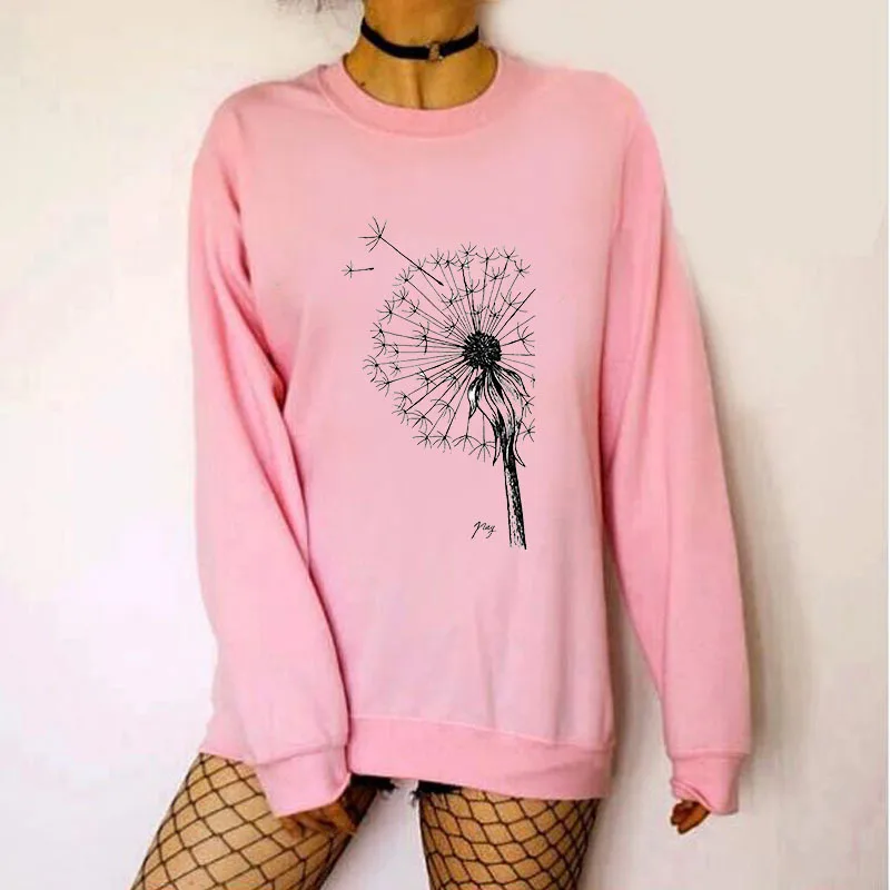 

Women Hoodie Singel Dandelion Printed Hoodies Women Fleece Long Sleeve O Neck Loose Sweatshirt Girls Pullovers Winter