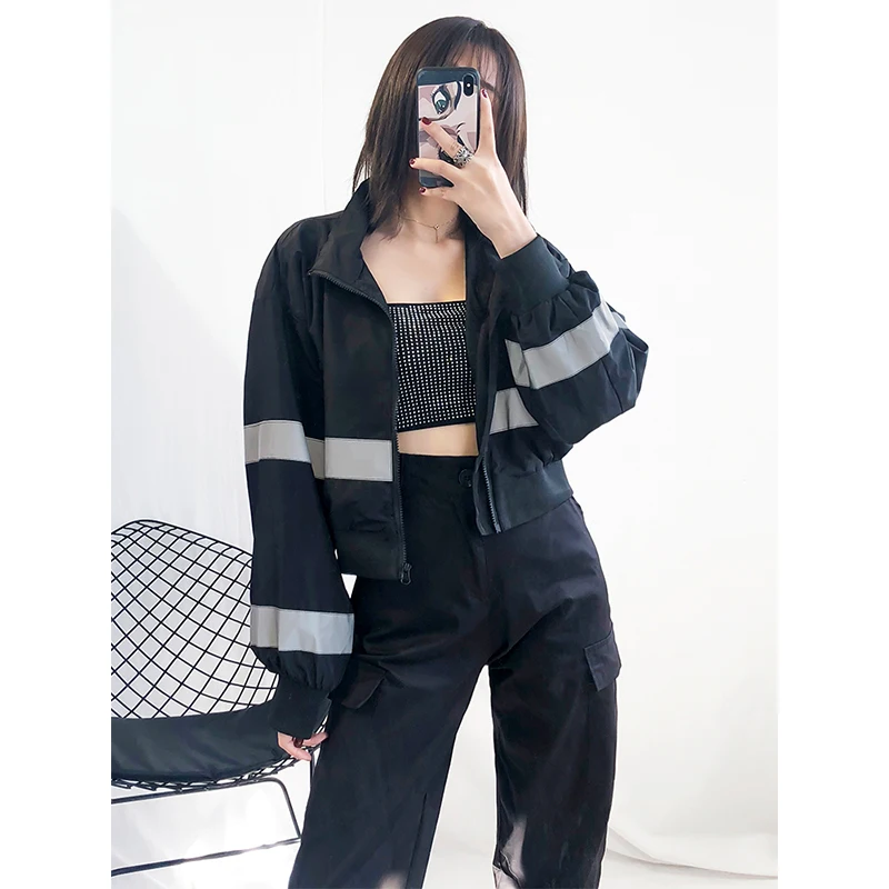 

Women Jacket Short Zipper High Waist Splicing Jackets Spring Autumn Casual Thin Outerwear Ladies Tooling Coat Streetwear A866