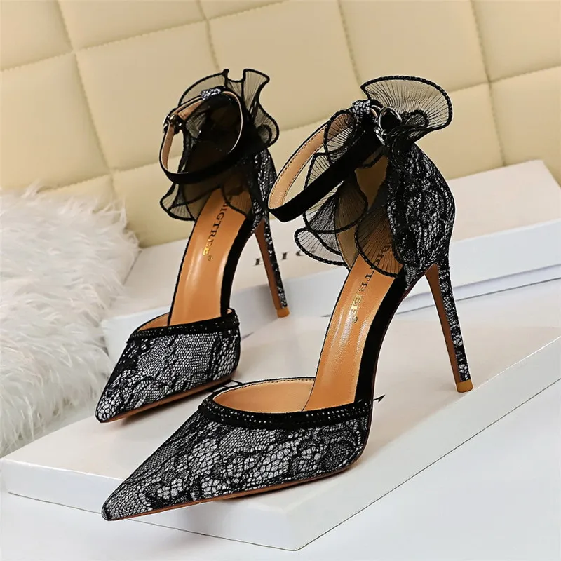

Fashion 2020 Summer Women's Lace Sandals Sexy 10cm Thin High Heels Cover Heel Shallow Ankle Buckle Strap Pointed Toe Party Shoes